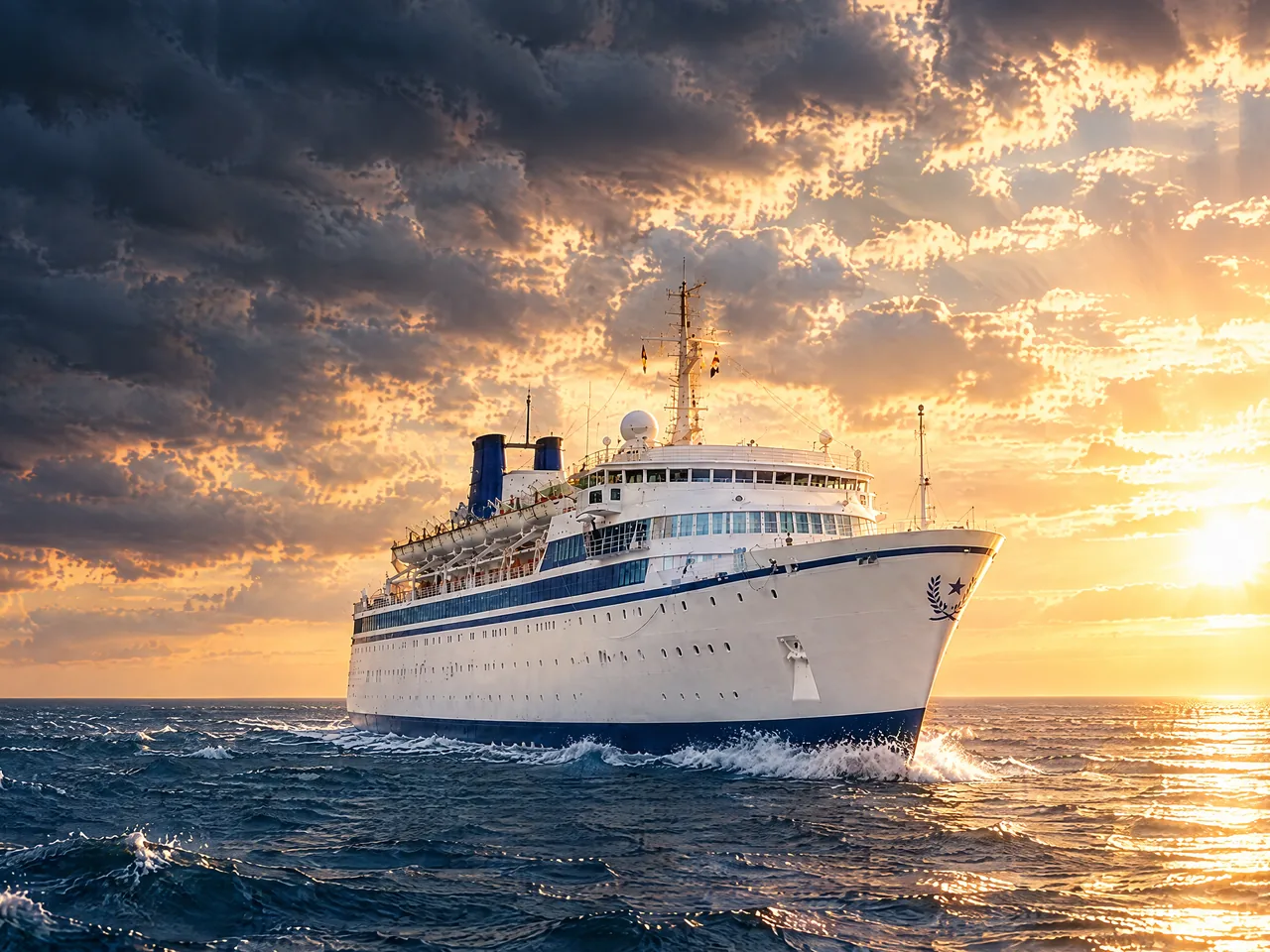 The Freewinds at sea in golden light