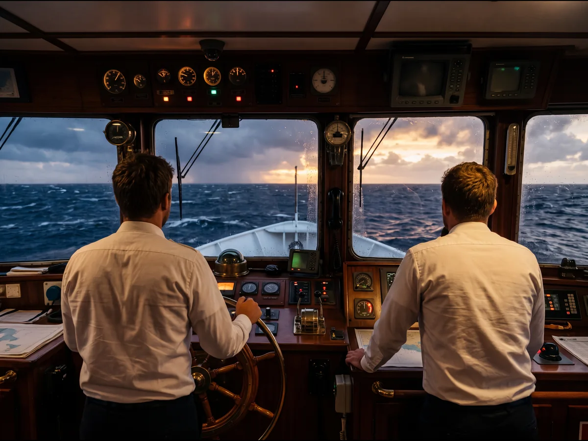 Crew at their posts on the bridge of a ship, the storm clearing ahead