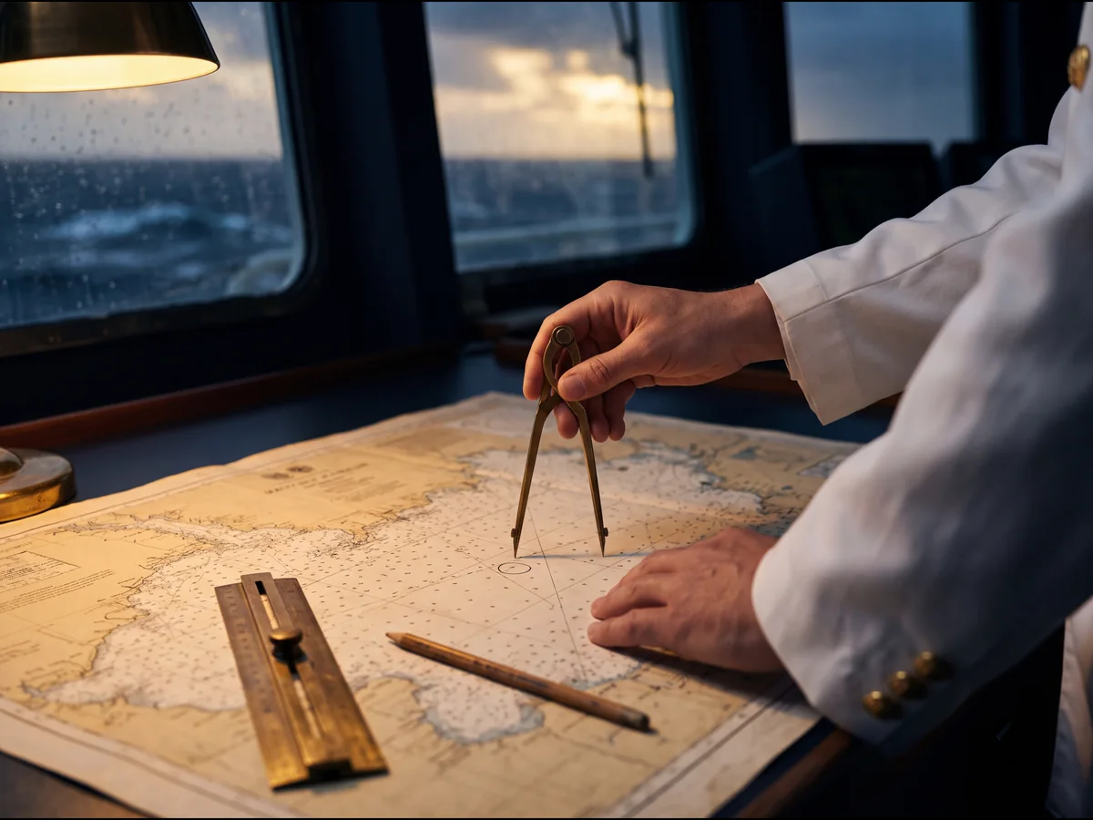 A navigator's hands measuring a course on a sea chart with brass dividers