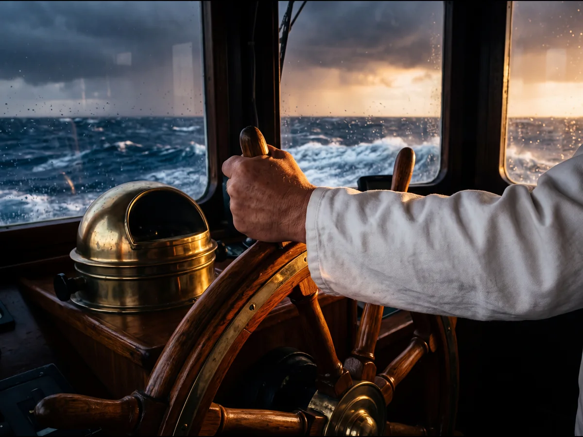 A hand steady on the ship's wheel beside the compass, rough sea outside