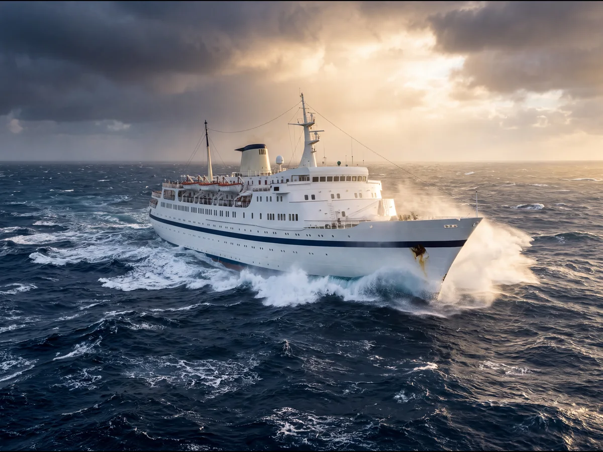 The ship holding a steady course through heavy seas as the clouds break
